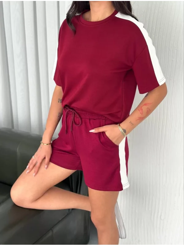 Osy Modal yumuşak dokulu Kumaş Kadın Parçalı Bisiklet Yaka T-shirt Kısa Şort İkili Takım - Bordo
