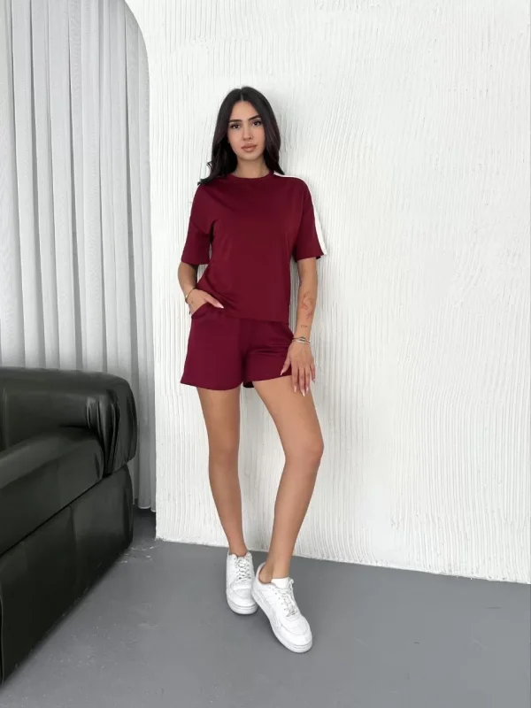 Osy Modal yumuşak dokulu Kumaş Kadın Parçalı Bisiklet Yaka T-shirt Kısa Şort İkili Takım - Bordo
