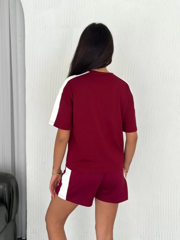 Osy Modal yumuşak dokulu Kumaş Kadın Parçalı Bisiklet Yaka T-shirt Kısa Şort İkili Takım - Bordo