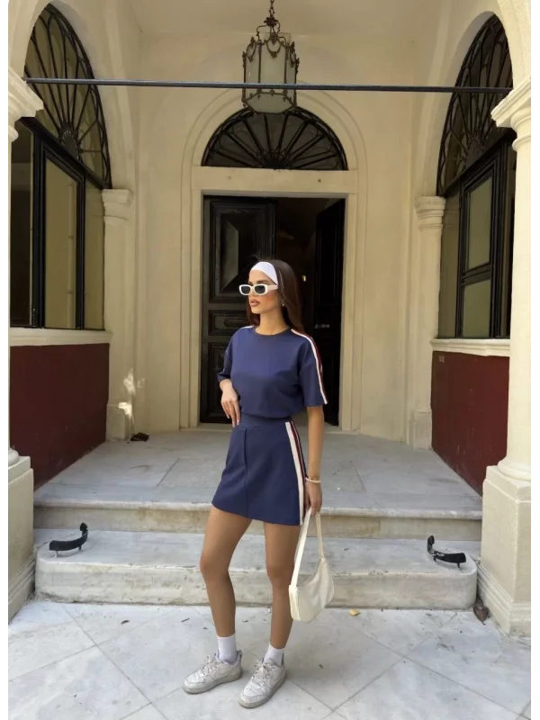 Osy Modal yumuşak dokulu Kumaş Kadın Parçalı Bisiklet Yaka T-shirt Mini Şortlu Etek İkili Takım -Lacivert