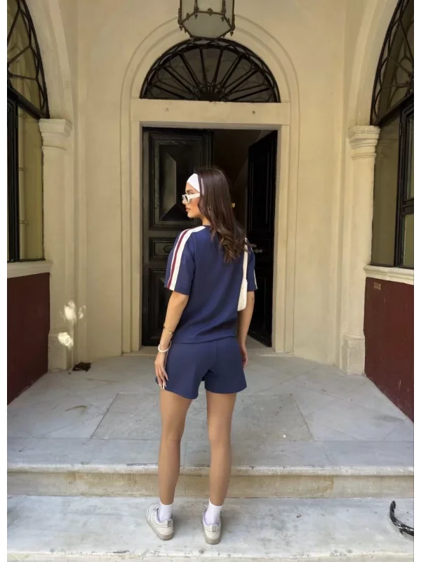 Osy Modal yumuşak dokulu Kumaş Kadın Parçalı Bisiklet Yaka T-shirt Mini Şortlu Etek İkili Takım -Lacivert