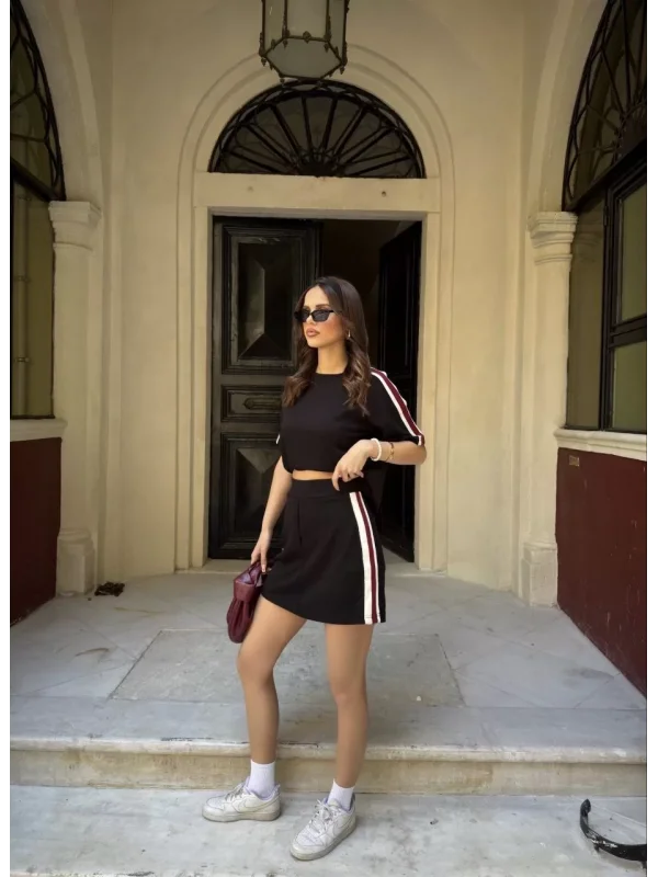 Osy Modal yumuşak dokulu Kumaş Kadın Parçalı Bisiklet Yaka T-shirt Mini Şortlu Etek İkili Takım - Siyah