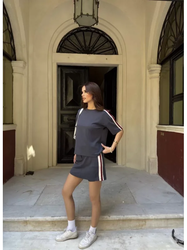 Osy Modal yumuşak dokulu Kumaş Kadın Parçalı Bisiklet Yaka T-shirt Mini Şortlu Etek İkili Takım - Füme