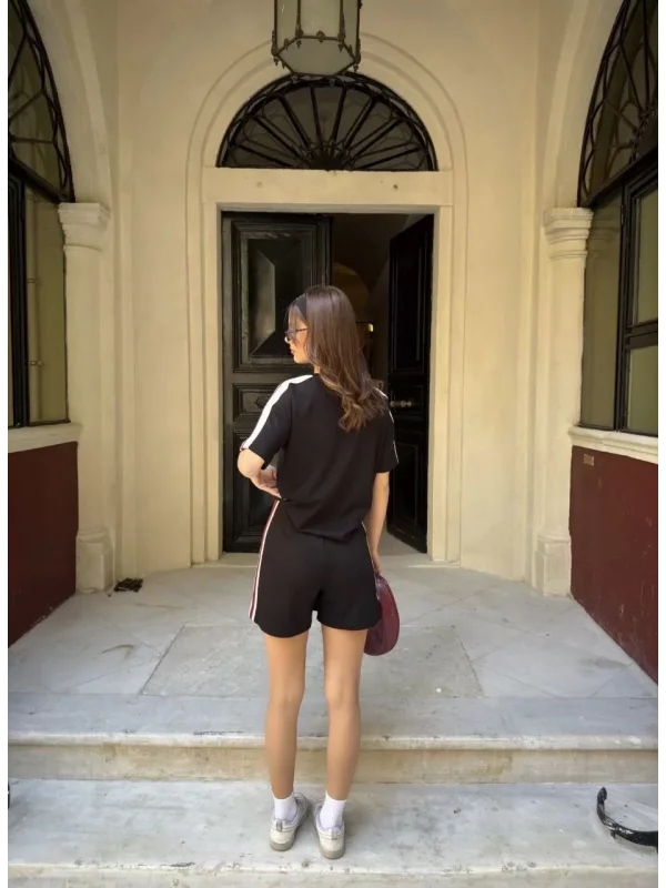 Osy Modal yumuşak dokulu Kumaş Kadın Parçalı Bisiklet Yaka T-shirt Mini Şortlu Etek İkili Takım - Siyah