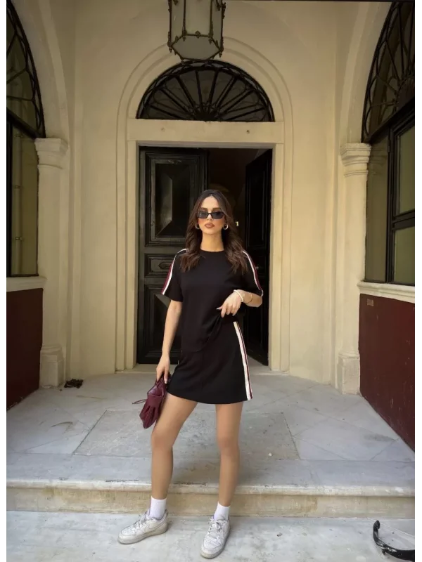 Osy Modal yumuşak dokulu Kumaş Kadın Parçalı Bisiklet Yaka T-shirt Mini Şortlu Etek İkili Takım - Siyah