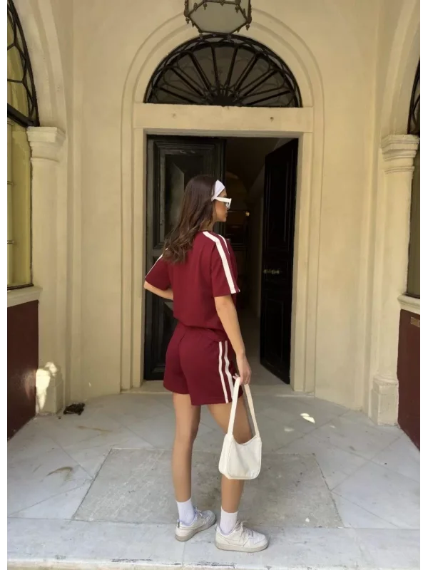 Osy Modal yumuşak dokulu Kumaş Kadın Parçalı Bisiklet Yaka T-shirt Mini Şortlu Etek İkili Takım -Bordo