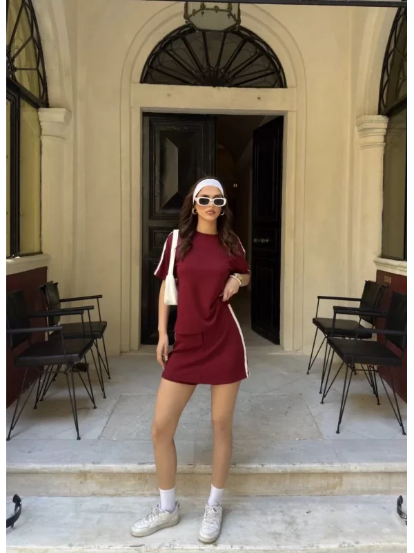 Osy Modal yumuşak dokulu Kumaş Kadın Parçalı Bisiklet Yaka T-shirt Mini Şortlu Etek İkili Takım -Bordo