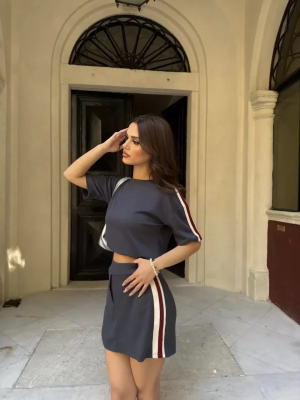 Osy Modal yumuşak dokulu Kumaş Kadın Parçalı Bisiklet Yaka T-shirt Mini Şortlu Etek İkili Takım - Füme