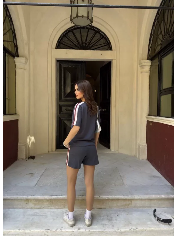 Osy Modal yumuşak dokulu Kumaş Kadın Parçalı Bisiklet Yaka T-shirt Mini Şortlu Etek İkili Takım - Füme