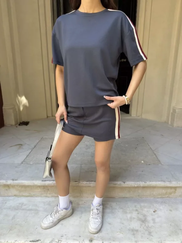 Osy Modal yumuşak dokulu Kumaş Kadın Parçalı Bisiklet Yaka T-shirt Mini Şortlu Etek İkili Takım - Füme