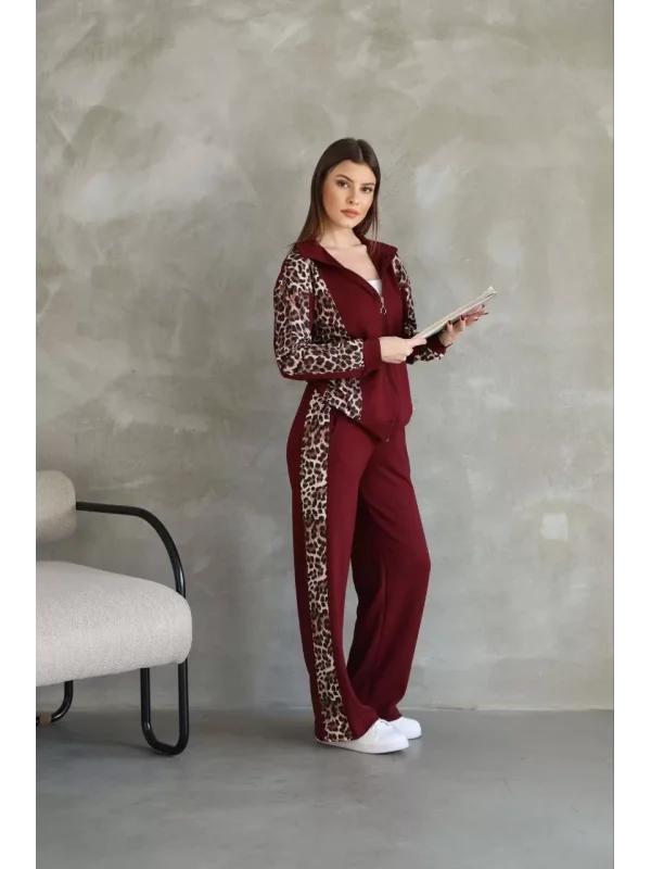 Osy Modal Yumuşak Dokulu Kumaş Kapüşonlu Leopar Desenli Fermuarlı Takım - Bordo