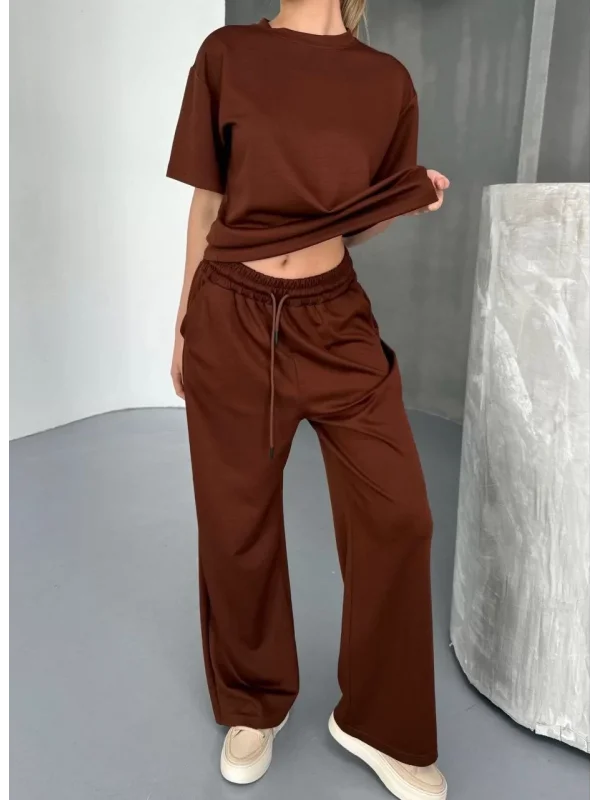 Osy Modal Yumuşak Dokulu Kumaş Kısa Kollu Bluz Rahat Pantalon ikili Takım- Kahverengi