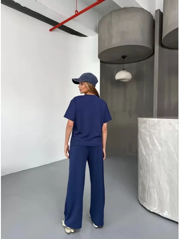 Osy Modal Yumuşak Dokulu Kumaş Kısa Kollu Bluz Rahat Pantalon ikili Takım- Lacivert