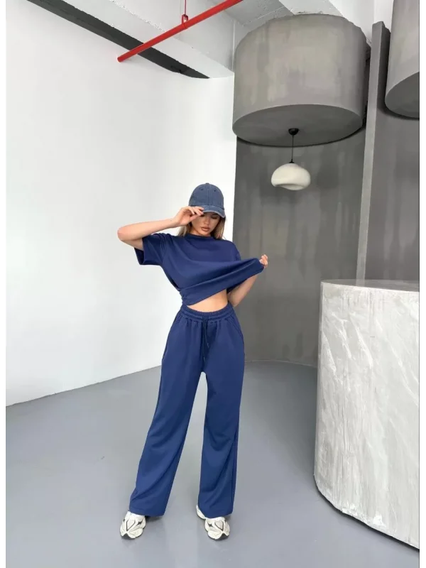 Osy Modal Yumuşak Dokulu Kumaş Kısa Kollu Bluz Rahat Pantalon ikili Takım- Lacivert