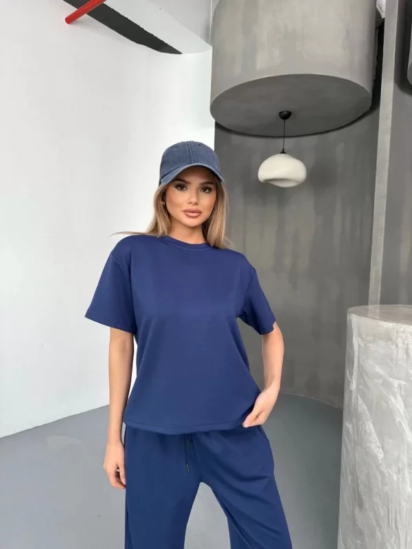 Osy Modal Yumuşak Dokulu Kumaş Kısa Kollu Bluz Rahat Pantalon ikili Takım- Lacivert