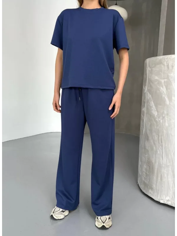 Osy Modal Yumuşak Dokulu Kumaş Kısa Kollu Bluz Rahat Pantalon ikili Takım- Lacivert