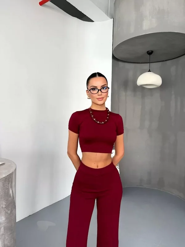 Osy Modal Yumuşak Dokulu Kumaş Kısa Kollu Crop Alt ispanyol Paça Pantalon ikili Takım - Bordo