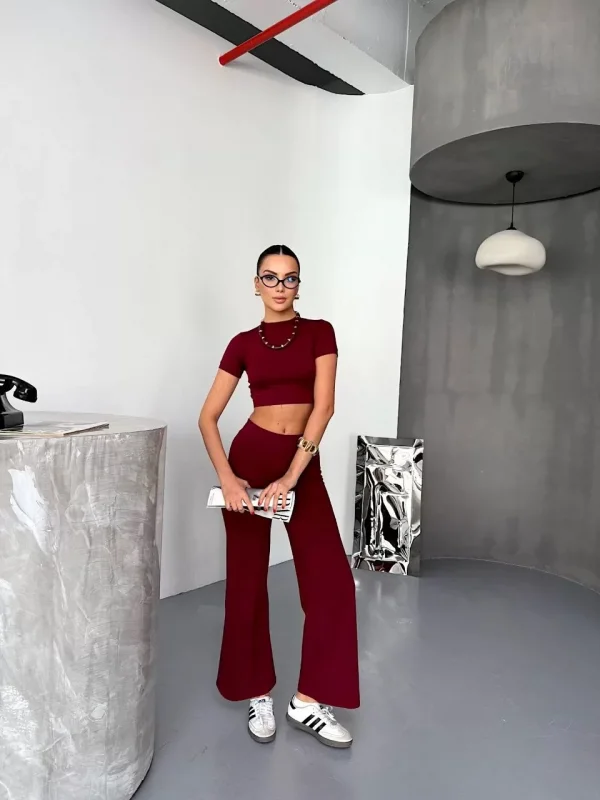 Osy Modal Yumuşak Dokulu Kumaş Kısa Kollu Crop Alt ispanyol Paça Pantalon ikili Takım - Bordo