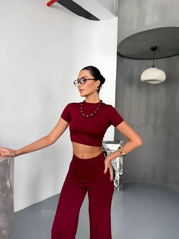 Osy Modal Yumuşak Dokulu Kumaş Kısa Kollu Crop Alt ispanyol Paça Pantalon ikili Takım - Bordo