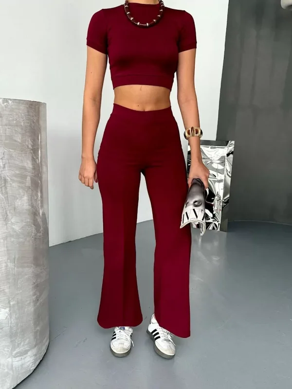 Osy Modal Yumuşak Dokulu Kumaş Kısa Kollu Crop Alt ispanyol Paça Pantalon ikili Takım - Bordo