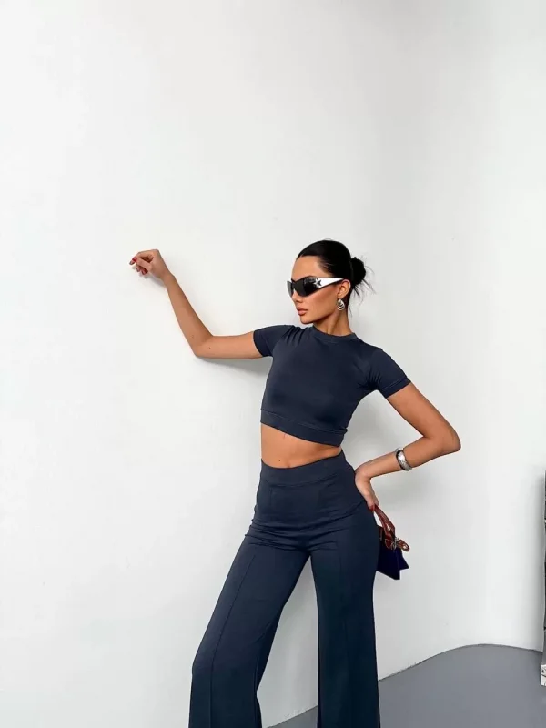 Osy Modal Yumuşak Dokulu Kumaş Kısa Kollu Crop Alt ispanyol Paça Pantalon ikili Takım - Füme