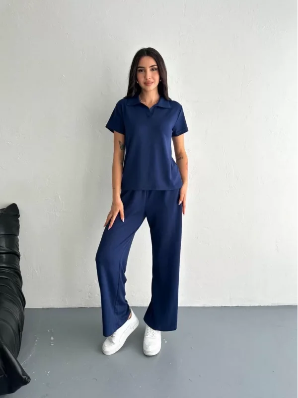 Osy Modal Yumuşak Dokulu Kumaş Kısa Kollu Yakalı T-shirt Pantalon ikili Takım- Lacivert