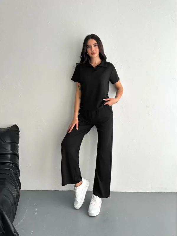 Osy Modal Yumuşak Dokulu Kumaş Kısa Kollu Yakalı T-shirt Pantalon ikili Takım- Siyah