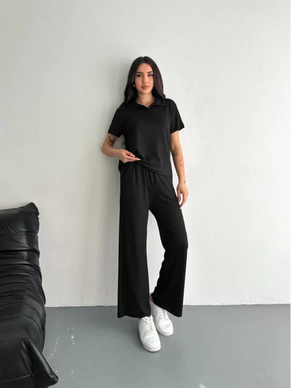 Osy Modal Yumuşak Dokulu Kumaş Kısa Kollu Yakalı T-shirt Pantalon ikili Takım- Siyah