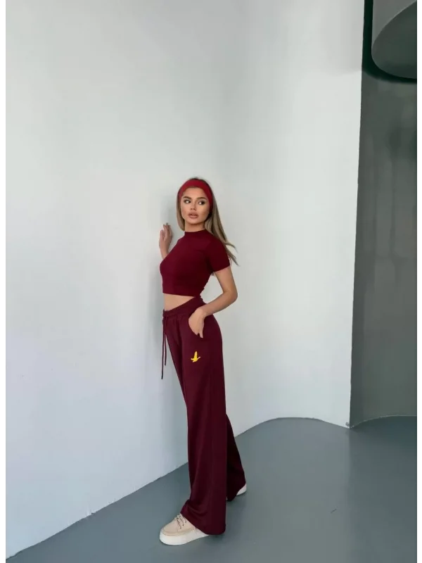 Osy Modal Yumuşak Dokulu Kumaş Nakış işlemeli Rahat Bol Paça Eşofman Pantalon - Bordo