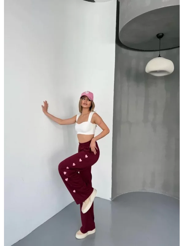 Osy Modal Yumuşak Dokulu Kumaş Nakış işlemeli Rahat Bol Paça Eşofman Pantalon - Bordo