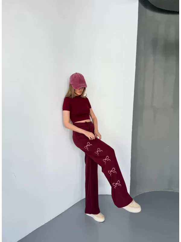 Osy Modal Yumuşak Dokulu Kumaş Nakış işlemeli Rahat Bol Paça Eşofman Pantalon - Bordo