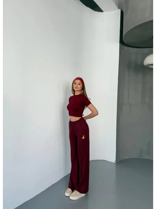 Osy Modal Yumuşak Dokulu Kumaş Nakış işlemeli Rahat Bol Paça Eşofman Pantalon - Bordo