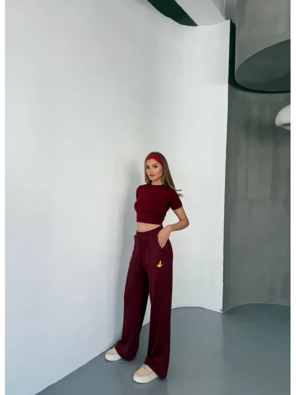 Osy Modal Yumuşak Dokulu Kumaş Nakış işlemeli Rahat Bol Paça Eşofman Pantalon - Bordo