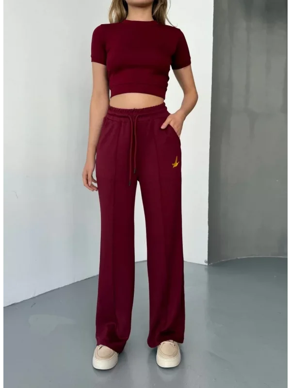 Osy Modal Yumuşak Dokulu Kumaş Nakış işlemeli Rahat Bol Paça Eşofman Pantalon - Bordo
