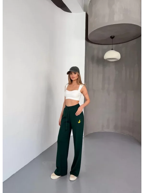 Osy Modal Yumuşak Dokulu Kumaş Nakış işlemeli Rahat Bol Paça Eşofman Pantalon - Yeşil