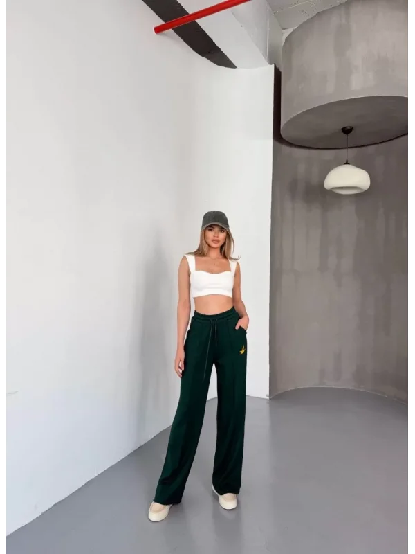 Osy Modal Yumuşak Dokulu Kumaş Nakış işlemeli Rahat Bol Paça Eşofman Pantalon - Yeşil
