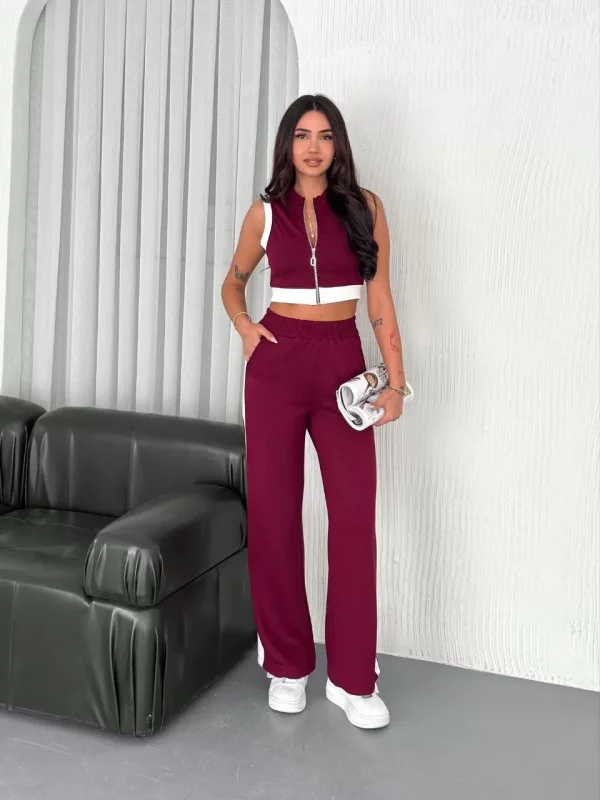 Osy Modal Yumuşak Dokulu Kumaş Tam Fermuarlı Crop Pantalon İkili Takım - Bordo