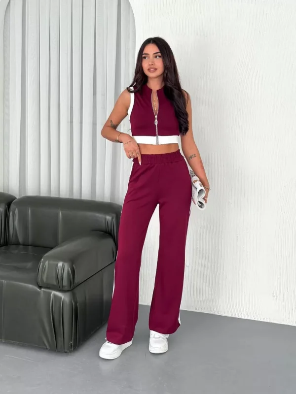 Osy Modal Yumuşak Dokulu Kumaş Tam Fermuarlı Crop Pantalon İkili Takım - Bordo
