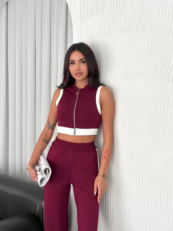 Osy Modal Yumuşak Dokulu Kumaş Tam Fermuarlı Crop Pantalon İkili Takım - Bordo