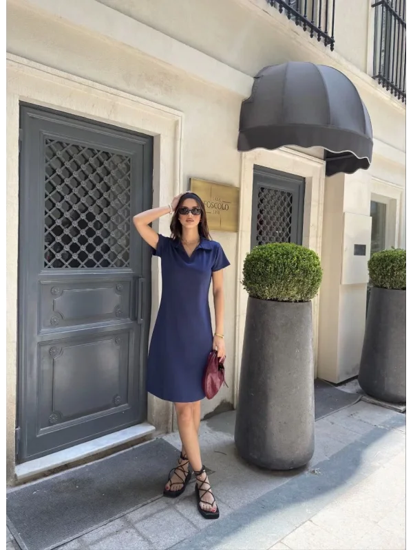 Osy Modal Yumuşak Dokulu Kumaş Yakalı Kısa Kollu Elbise - Mavi