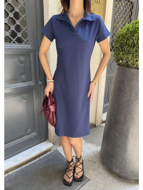 Osy Modal Yumuşak Dokulu Kumaş Yakalı Kısa Kollu Elbise - Mavi