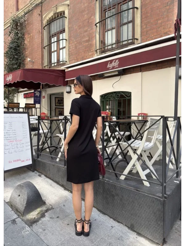 Osy Modal Yumuşak Dokulu Kumaş Yakalı Kısa Kollu Elbise - Siyah