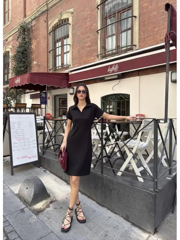 Osy Modal Yumuşak Dokulu Kumaş Yakalı Kısa Kollu Elbise - Siyah