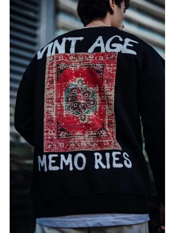 Oversize Bisiklet Yaka Üç İplik Baskılı SweatShirt - Siyah