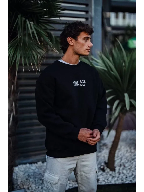 Oversize Bisiklet Yaka Üç İplik Baskılı SweatShirt - Siyah