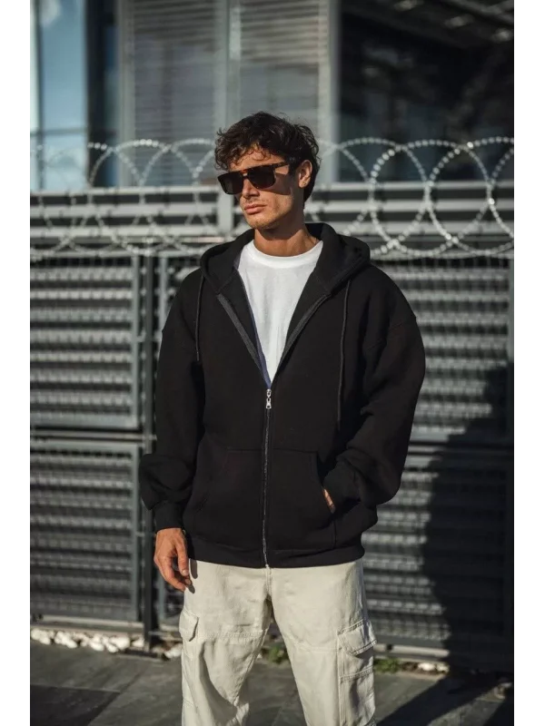 Oversize Tam Fermuarlı Uzun Kol Hırka - Siyah