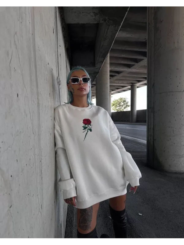 Oversize Üç İplik Bisiklet Yaka Baskılı SweatShirt - Beyaz