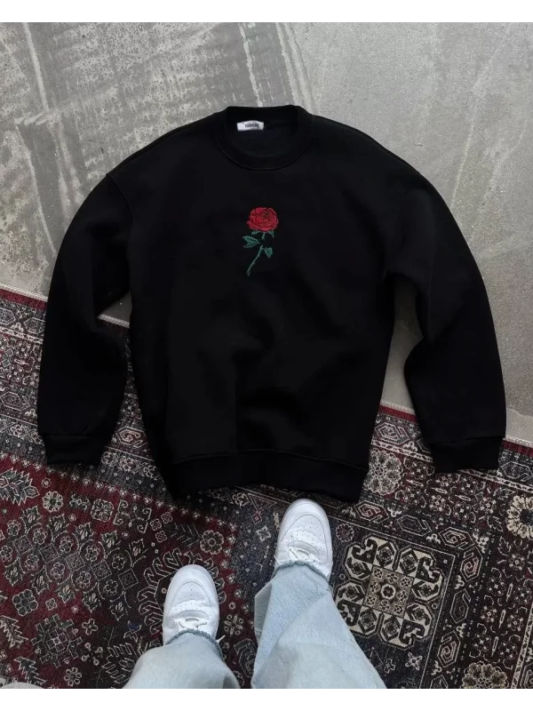 Oversize Üç İplik Bisiklet Yaka Baskılı SweatShirt - Siyah