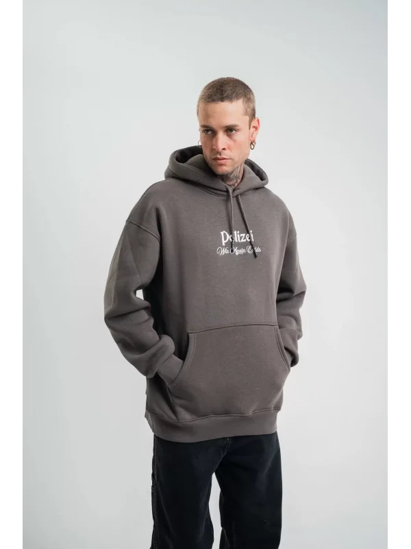 Üç İplik Kapşonlu Dijital Patchli SweatShirt - Füme