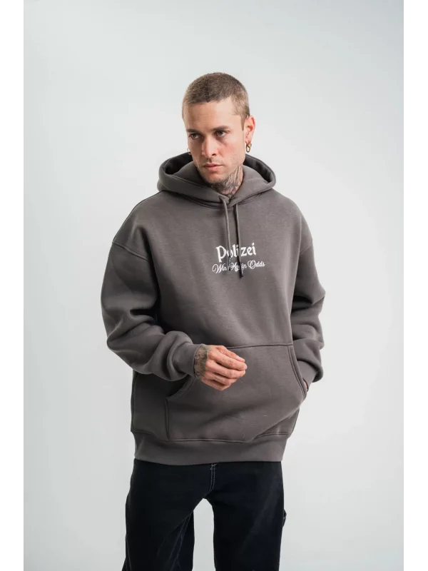 Üç İplik Kapşonlu Dijital Patchli SweatShirt - Füme